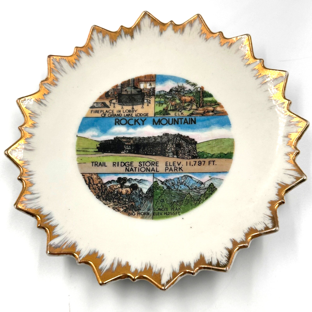 Vintage ROCKY MOUNTAIN Colorado Souvenir Plate Trail Ridge Plate Gold Trim